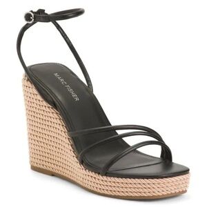 NWOT Marc Fisher Zeki Black and Gold Wedge Sandals